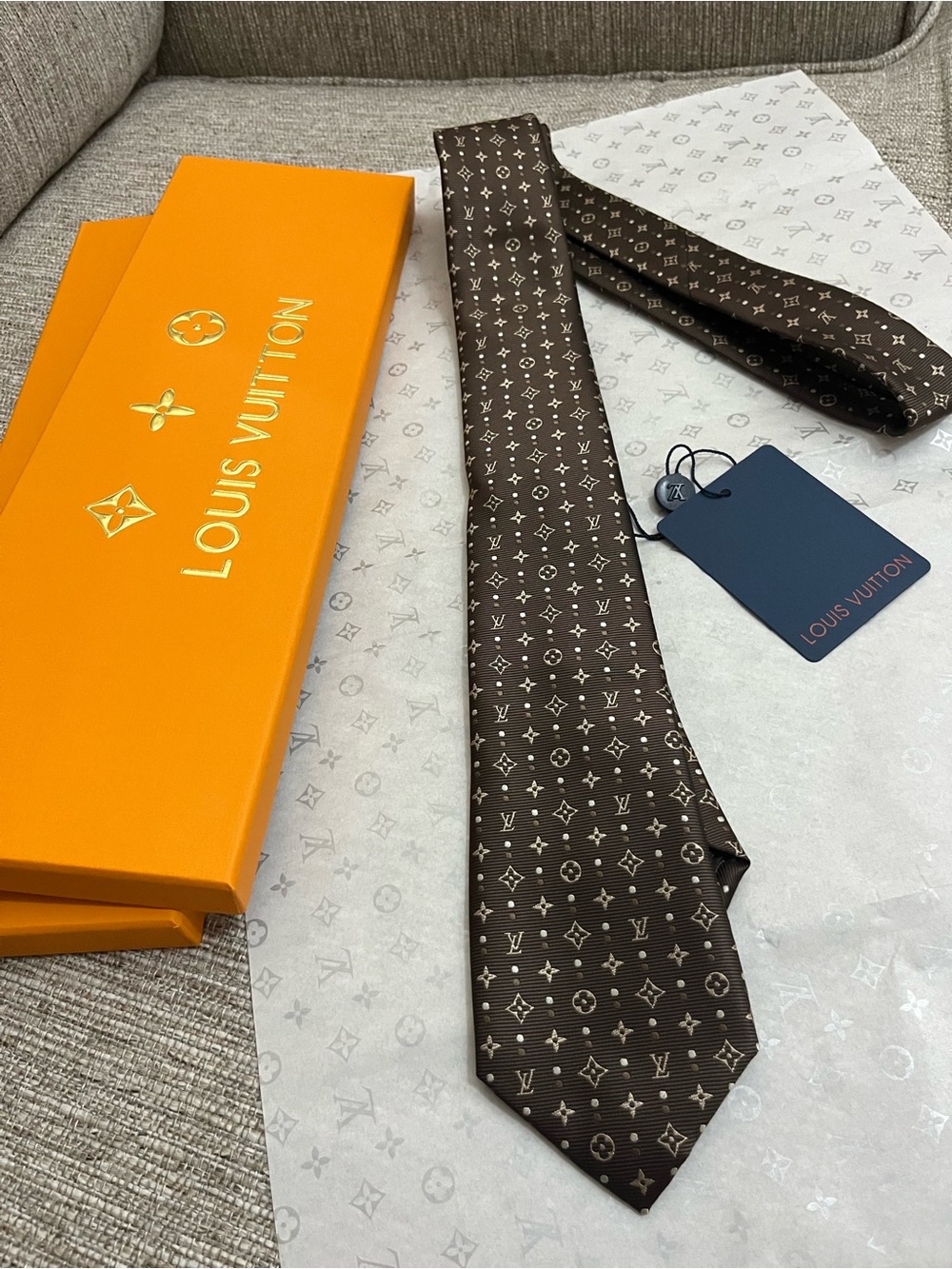 Louis Vuitton Brown Monogram Silk Tie with Beige Motifs